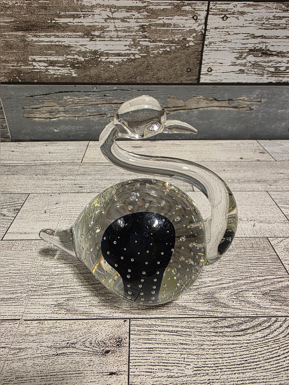 Clear Glass Swan Sculpture with Black Bubble Accent - Home Art